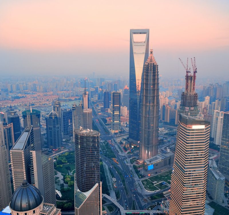 Shanghai aerial view with urban architecture and sunset